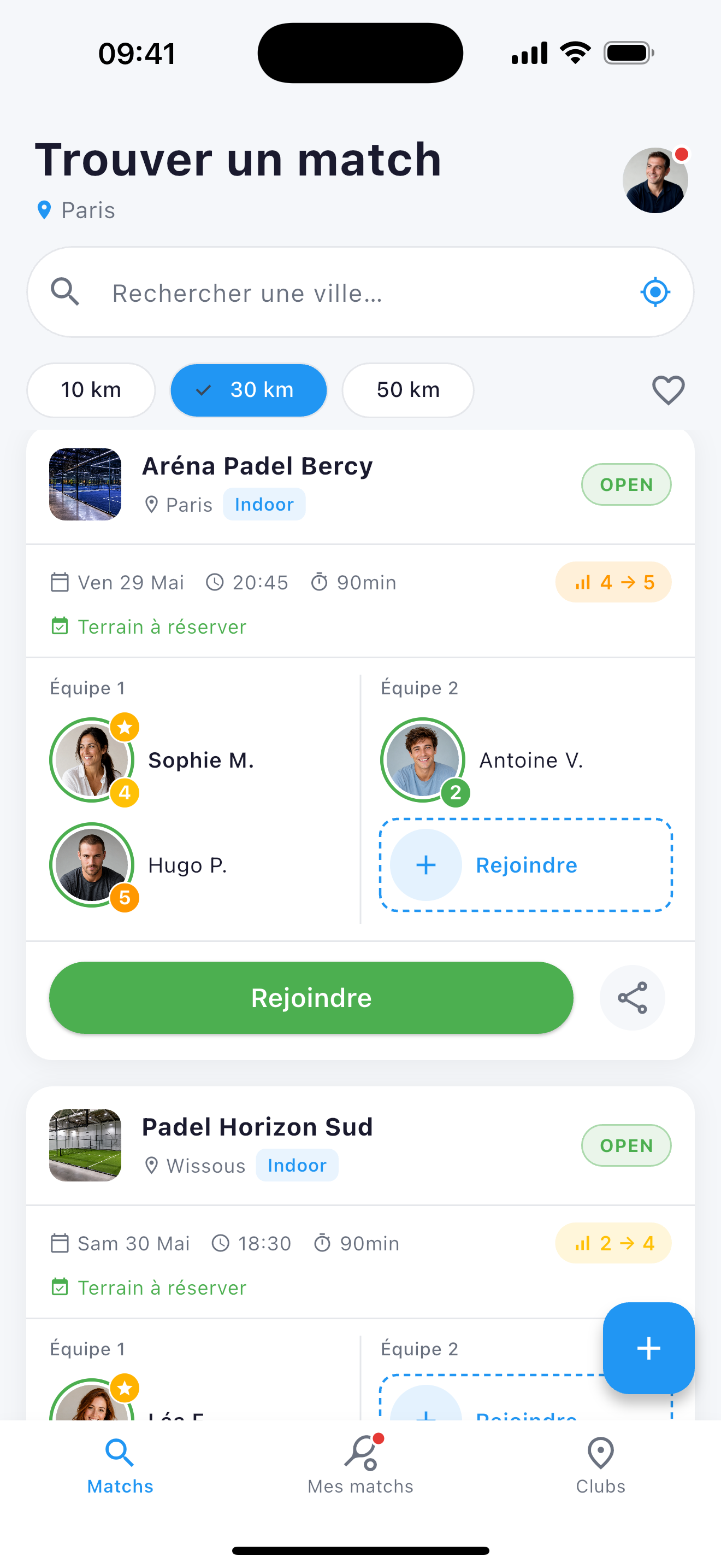 Écran de recherche de match dans l'app Volibora